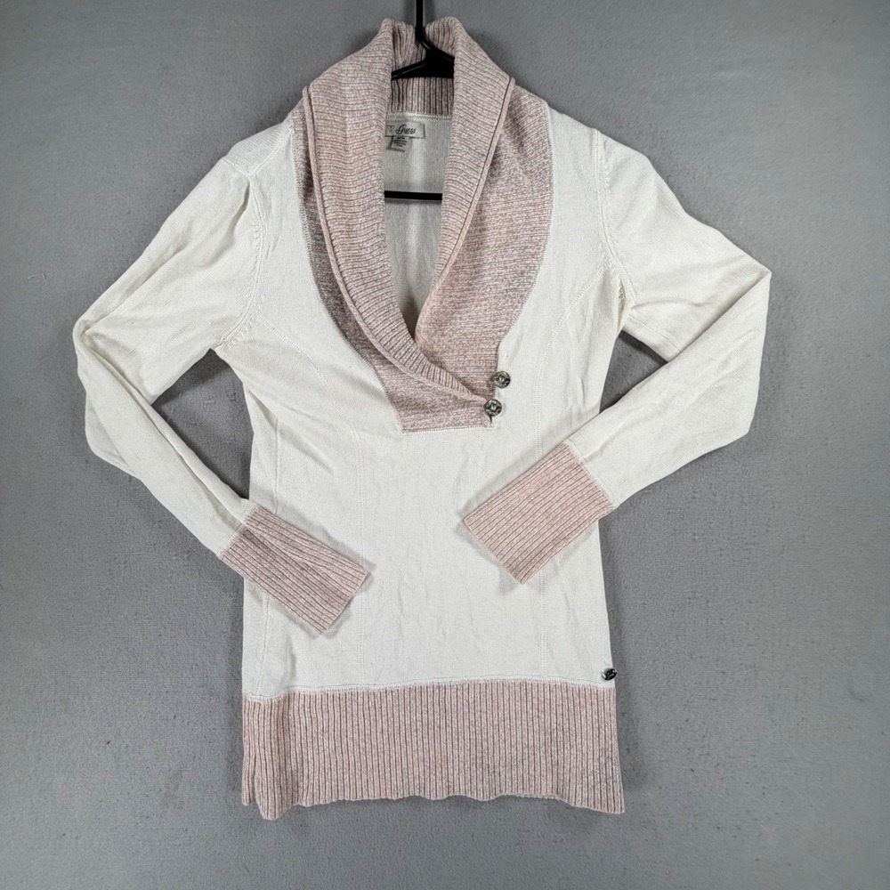 Guess Women's Medium White Pink Cable Knit Shawl Collar Preppy Coastal Sweater